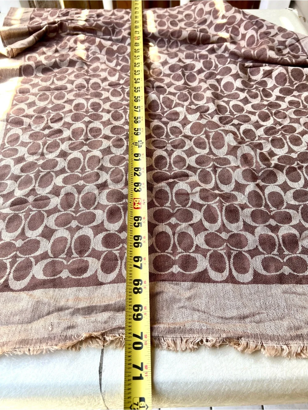 Coach Signature C Monogram Jacquard Shawl Scarf Cashmere Silk Blend Brown Beige